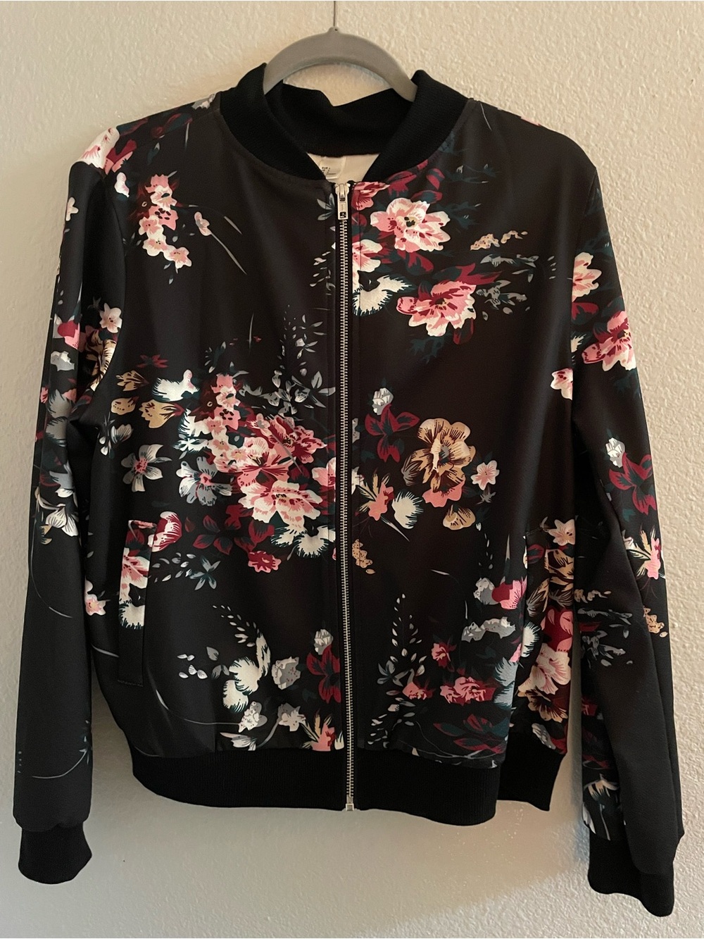 Black Floral Bomber Jacket with Pink & Cream Flowers